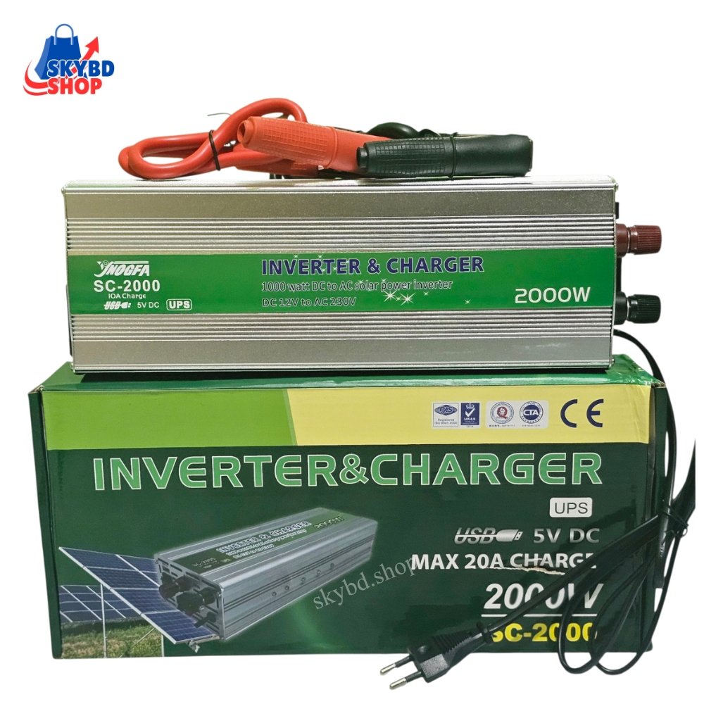 Jongfa 2000W Solar Inverter (4 in 1) 12V DC to 220V AC with UPS function + 10A Battery Charger + USB